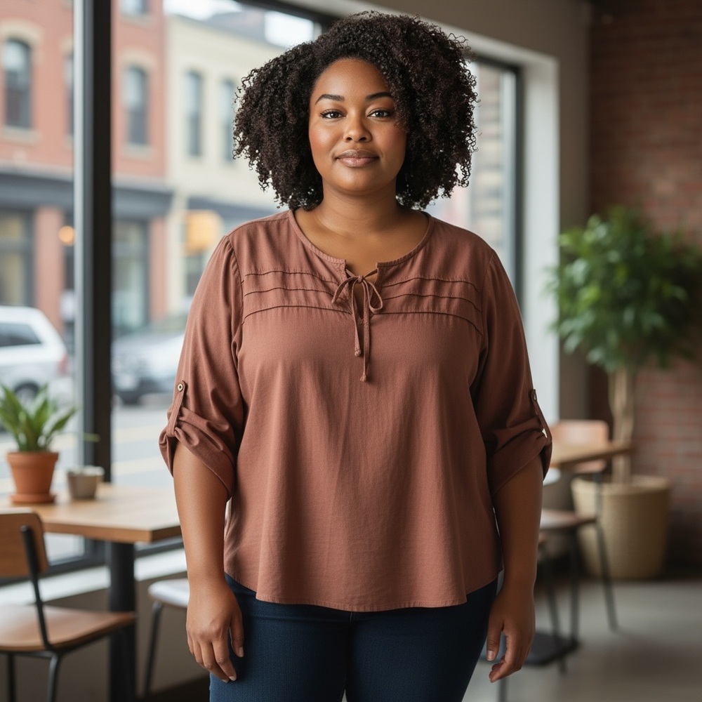 LOST & WANDER Cocoa Brown Blouse with Tie Detail 2X  Buttery soft  3/4 sleeves